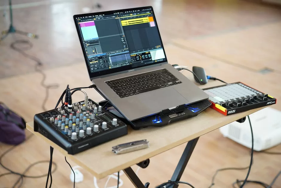 A home music production setup with a laptop, mixer, and controller on a desk.