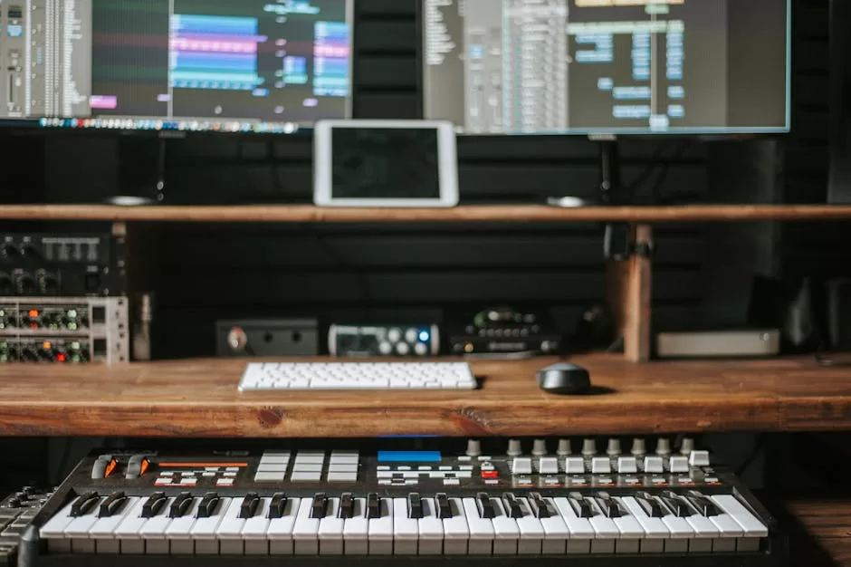 Professional music production setup featuring keyboard, computer screens, and audio equipment.